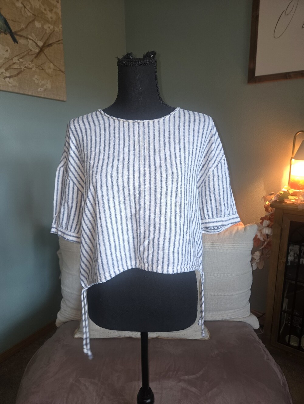Striped Blue & White Cropped Tie-Hem Top